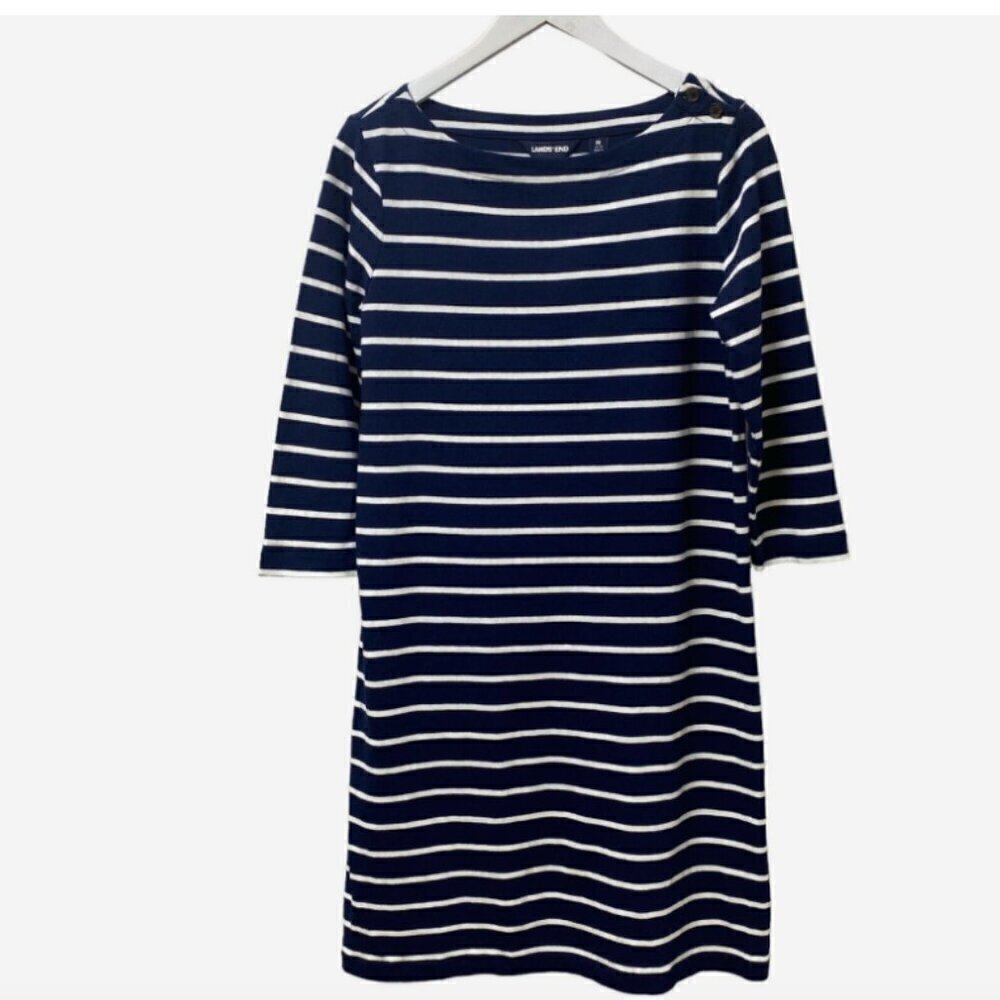 LANDS END T-shirt Dress Size Medium Navy Blue Nautical Stripe Cotton Knee Length